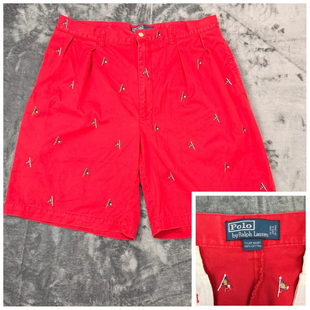 VTG Polo Ralph Lauren Tyler Shorts Mens 35 Red Embroidered Nautical Flag Cotton